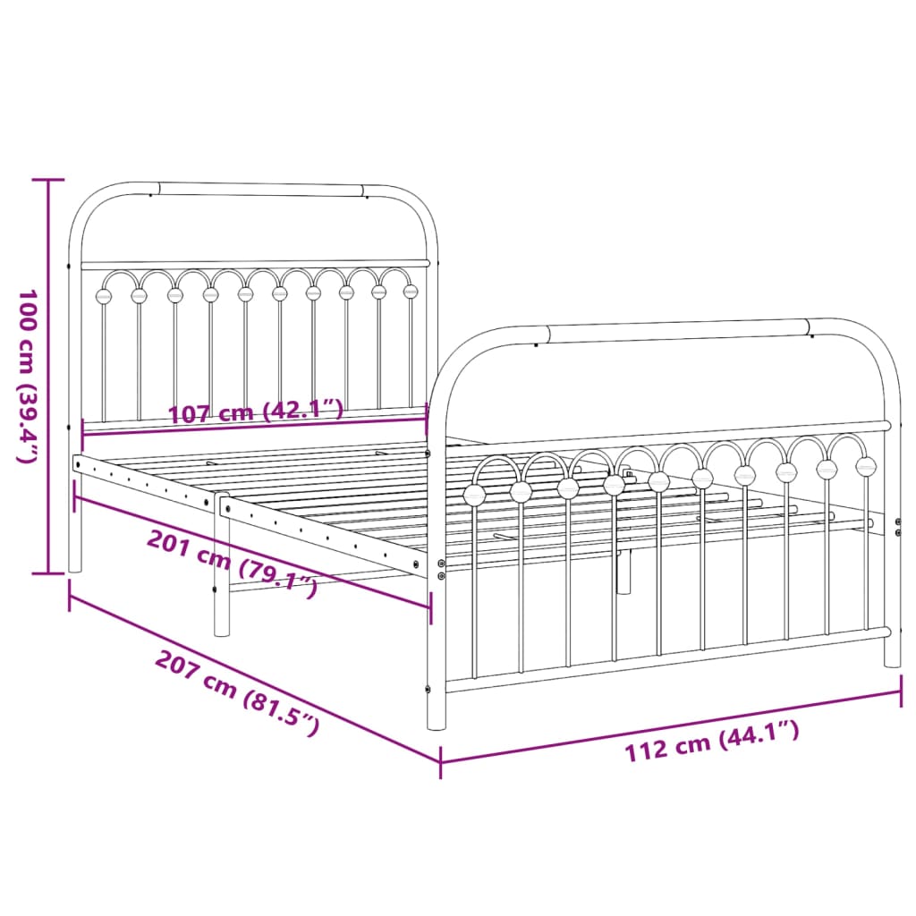 Estrutura de cama com cabeceira e pés 107x203 cm metal preto