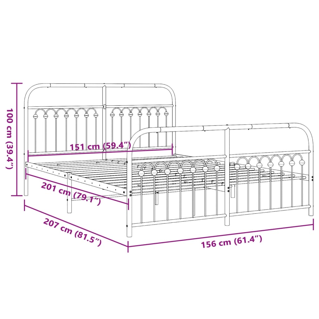 Estrutura de cama com cabeceira e pés 150x200 cm metal preto