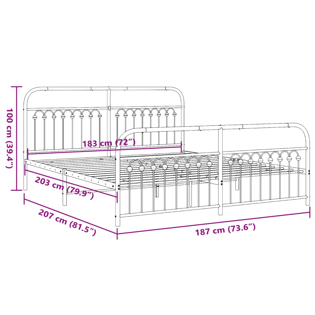 Estrutura de cama com cabeceira e pés 183x203 cm metal preto