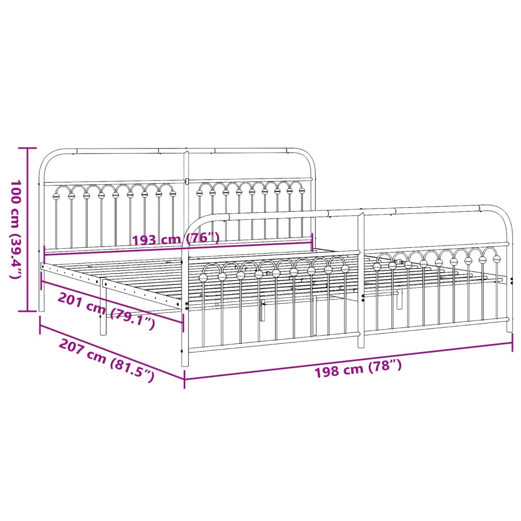 Estrutura de cama com cabeceira e pés 193x203 cm metal preto