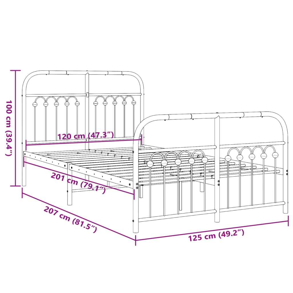 Estrutura de cama com cabeceira e pés 120x200 cm metal branco