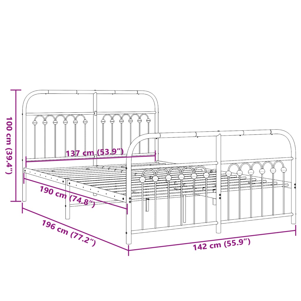 Estrutura de cama com cabeceira e pés 137x190 cm metal branco