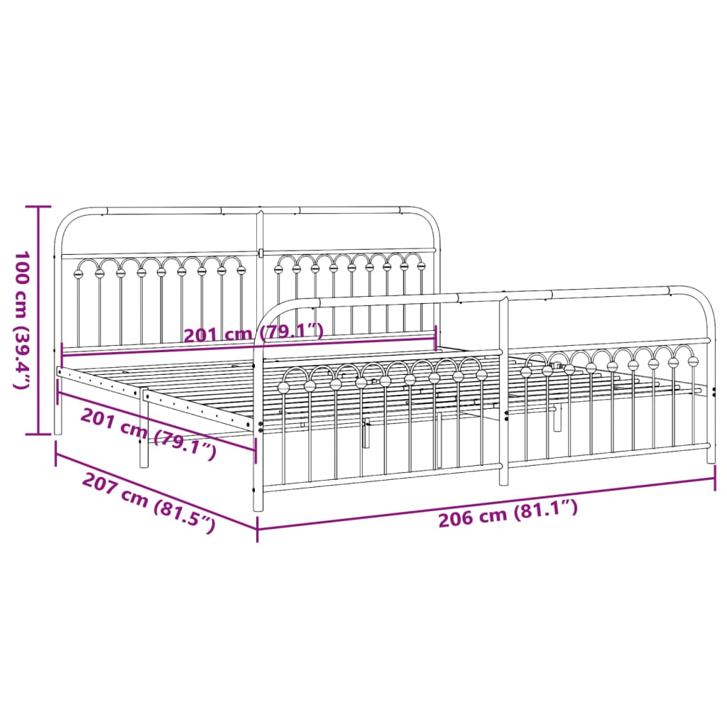 Estrutura de cama com cabeceira e pés 200x200 cm metal branco