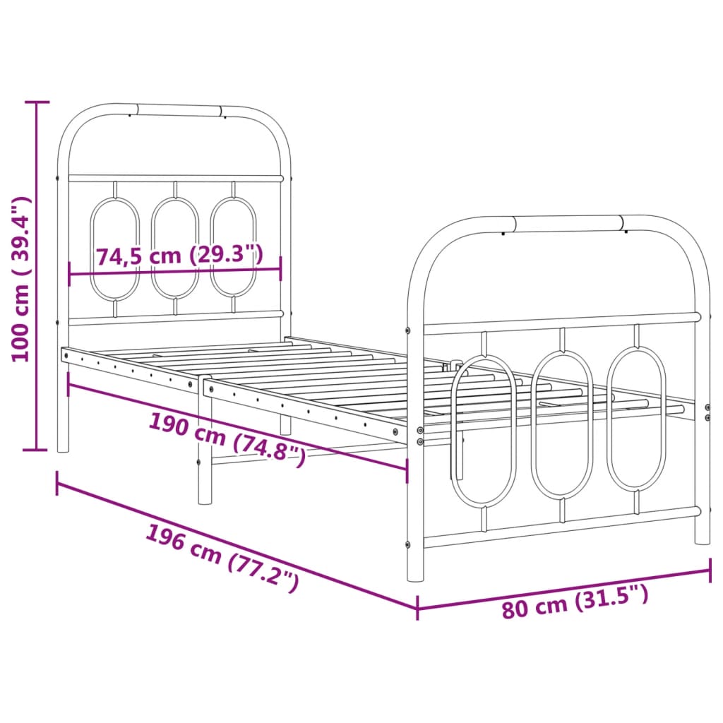 Estrutura de cama com cabeceira e pés 75x190 cm metal preto