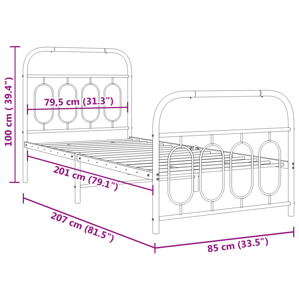 Estrutura de cama com cabeceira e pés 80x200 cm metal preto