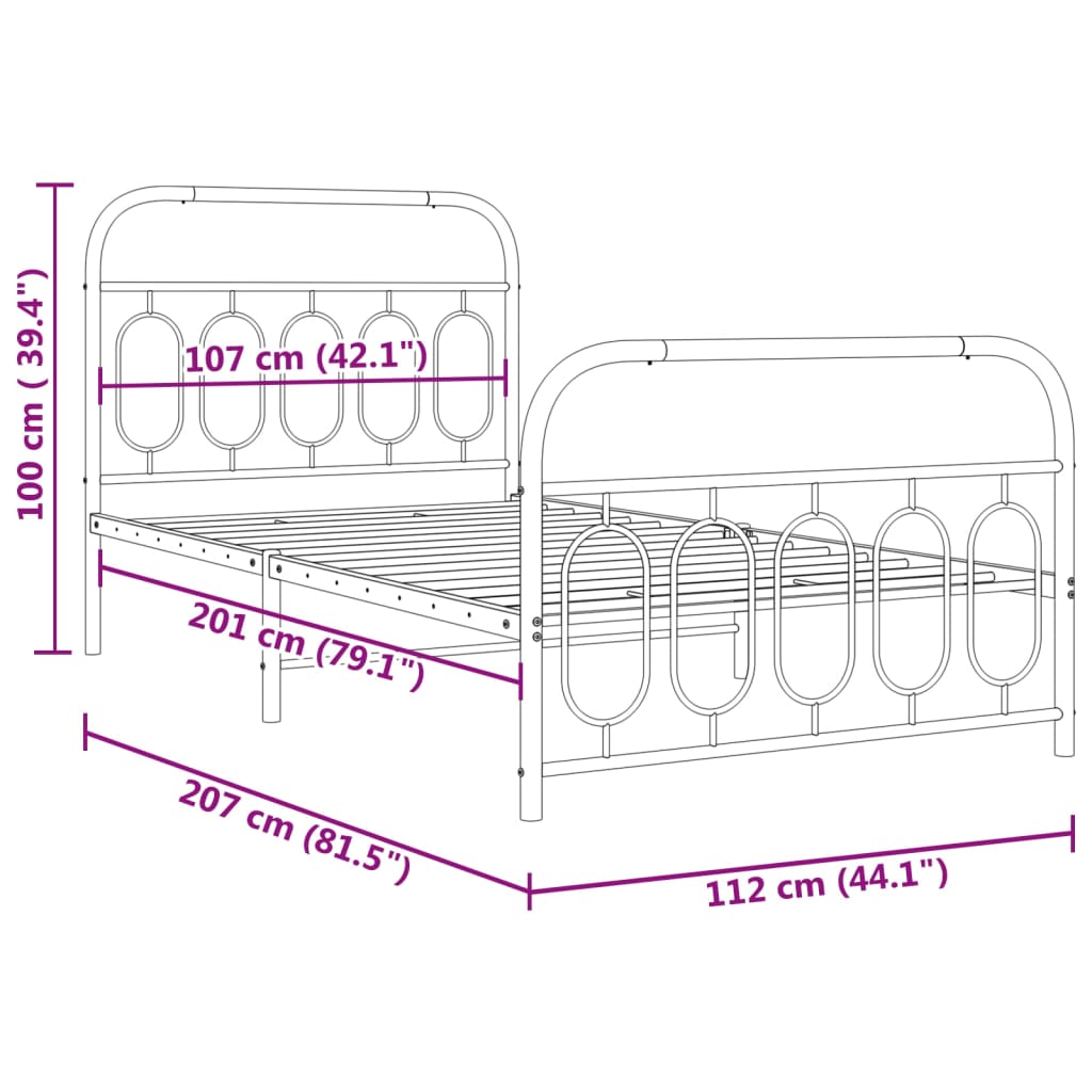 Estrutura de cama com cabeceira e pés 107x203 cm metal preto