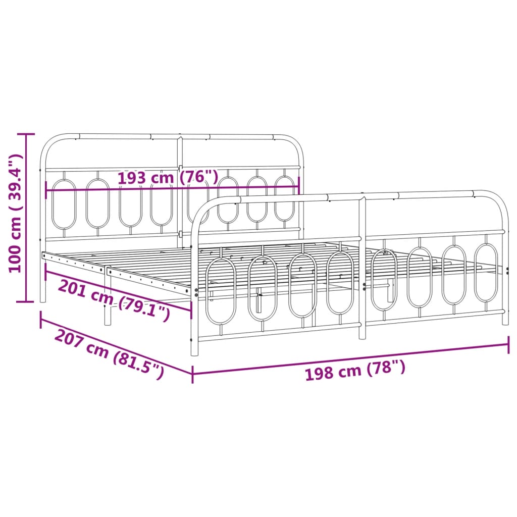 Estrutura de cama com cabeceira e pés 193x203 cm metal preto