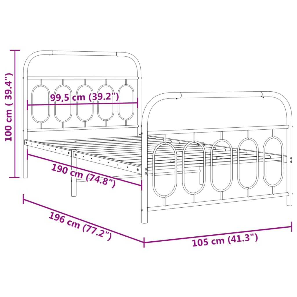 Estrutura de cama com cabeceira e pés 100x190 cm metal branco