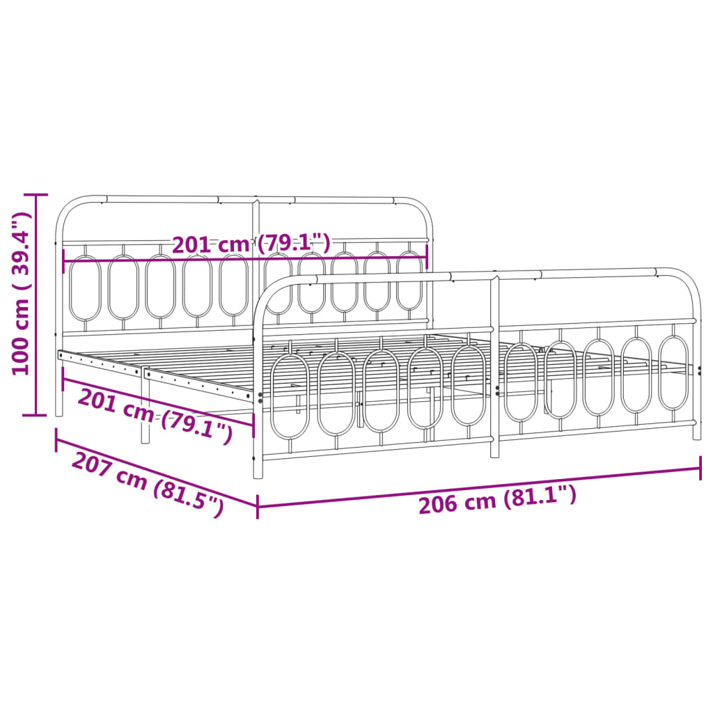 Estrutura de cama com cabeceira e pés 200x200 cm metal branco