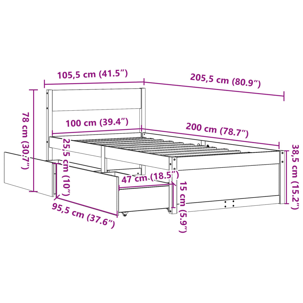 Estrutura de cama c/ gavetas 100x200 cm pinho maciço branco