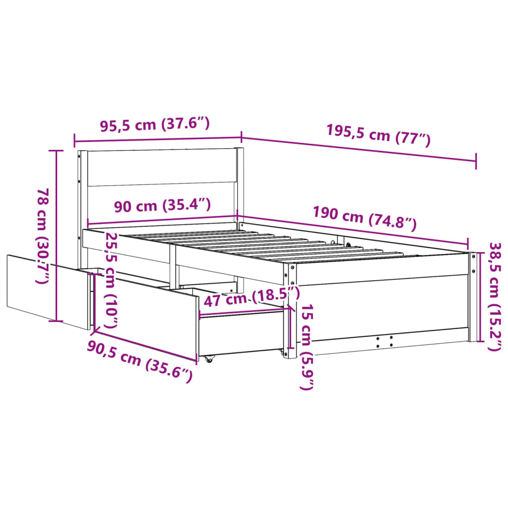 Estrutura de cama c/ gavetas 90x190cm pinho maciço castanho-mel