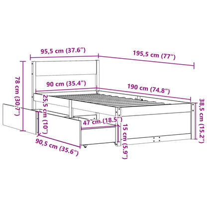 Estrutura de cama c/ gavetas 90x190cm pinho maciço castanho-mel