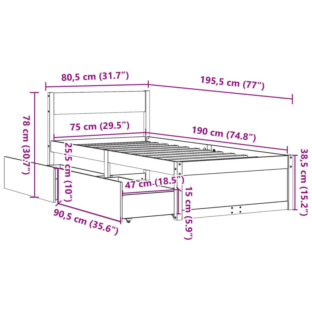 Estrutura de cama com gavetas 75x190 cm madeira de pinho maciça