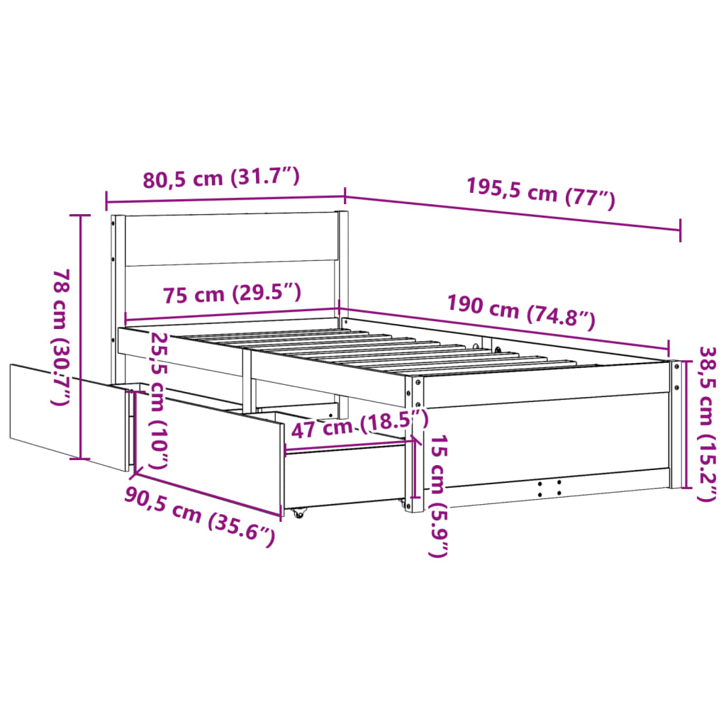 Estrutura de cama com gavetas 75x190 cm pinho maciço branco