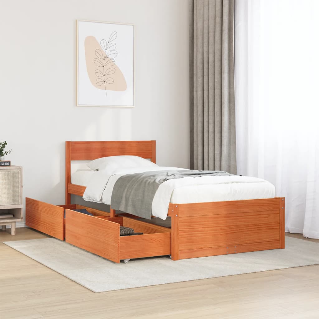 Estrutura de cama c/ gavetas 75x190cm pinho maciço castanho-mel