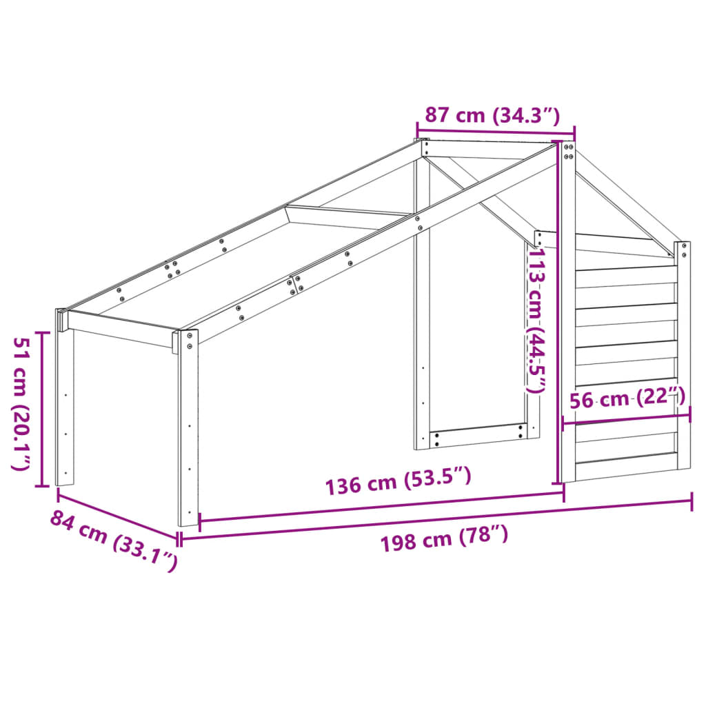 Telhado de cama infantil 198x87x113 cm pinho maciço branco