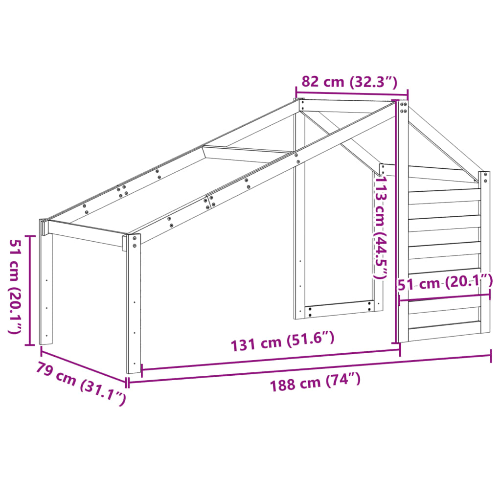 Telhado de cama infantil 188x82x113 cm madeira de pinho maciça