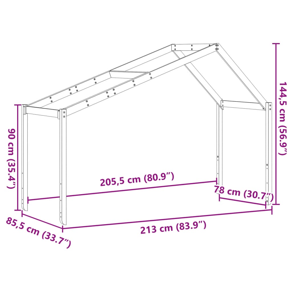 Telhado de cama infantil 213x85,5x144,5 cm madeira pinho maciça