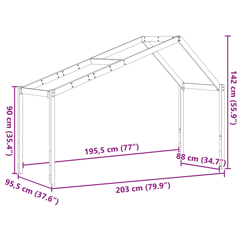 Telhado de cama infantil 203x95,5x142 cm madeira pinho maciça