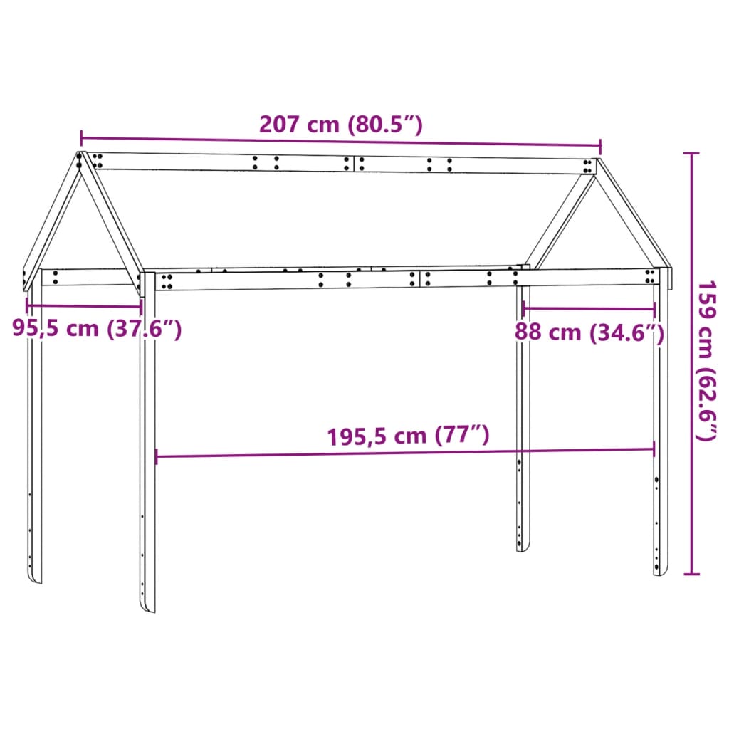 Telhado de cama infantil 207x95,5x159 cm madeira pinho maciça