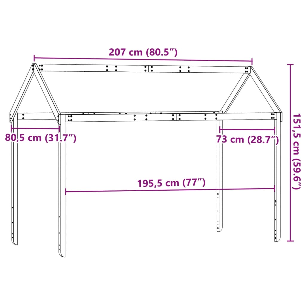 Telhado cama infantil 207x80,5x151,5 cm pinho castanho-mel