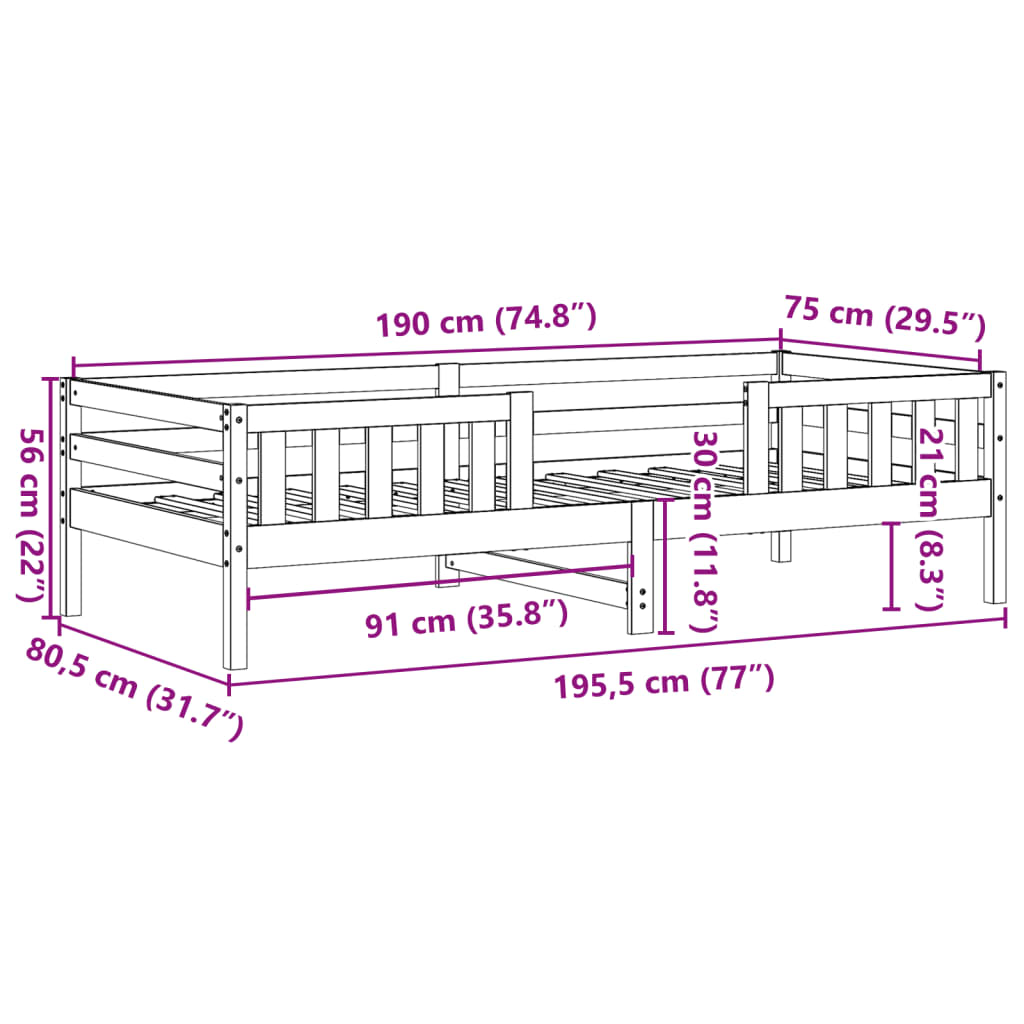 Estrutura de cama 75x190 cm madeira pinho maciça castanho cera