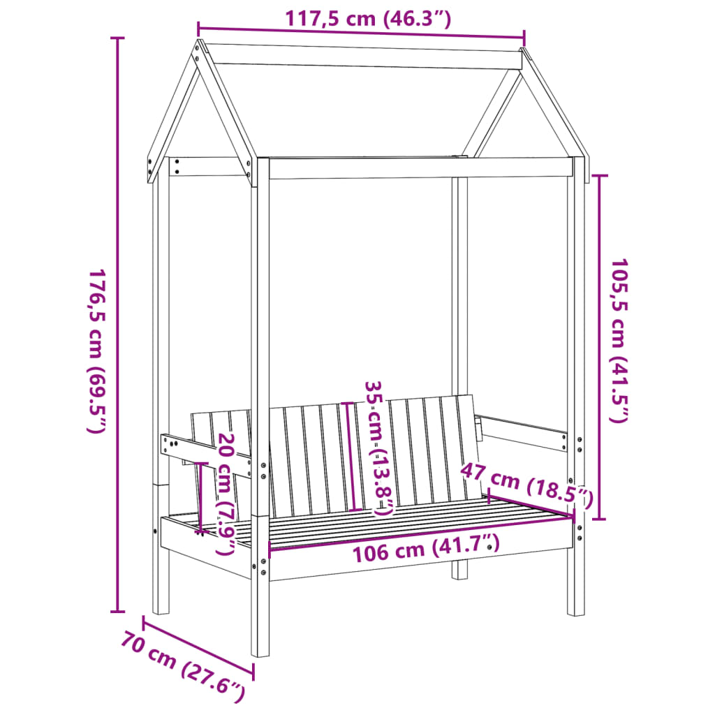 Banco com telhado 117,5x70x176,5 cm pinho maciço branco