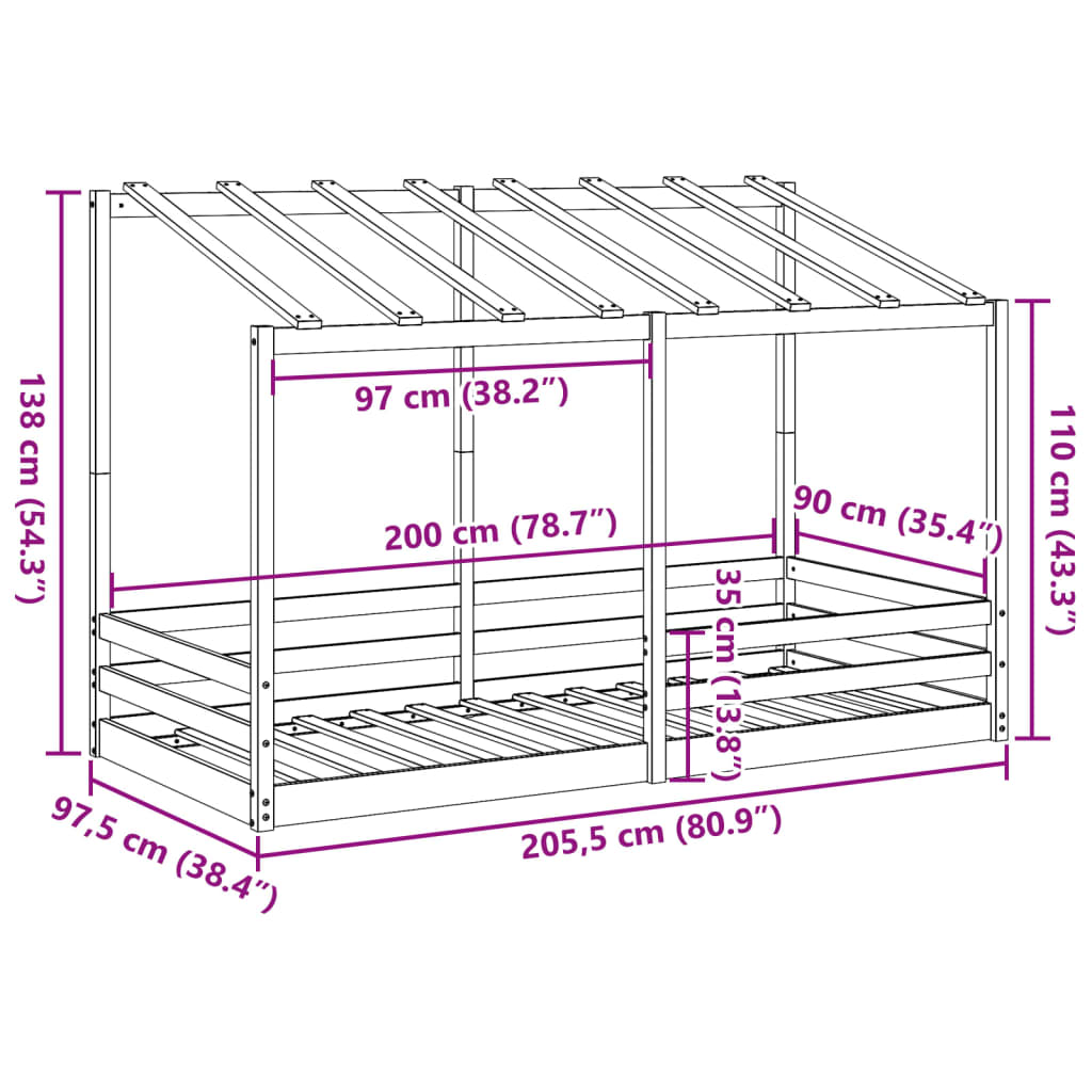 Cama infantil com telhado 90x200 cm madeira de pinho maciça