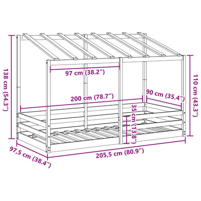 Cama infantil com telhado 90x200 cm madeira de pinho maciça