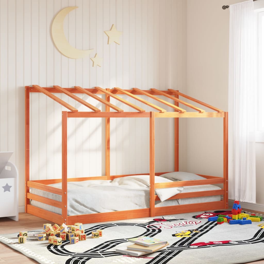 Cama infantil com telhado 90x200 cm pinho maciço castanho-mel