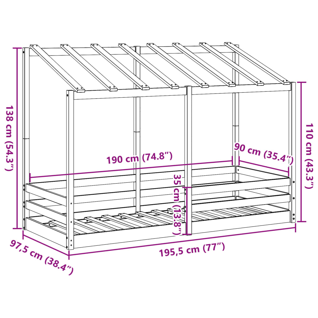 Cama infantil com telhado 90x190 cm madeira de pinho maciça