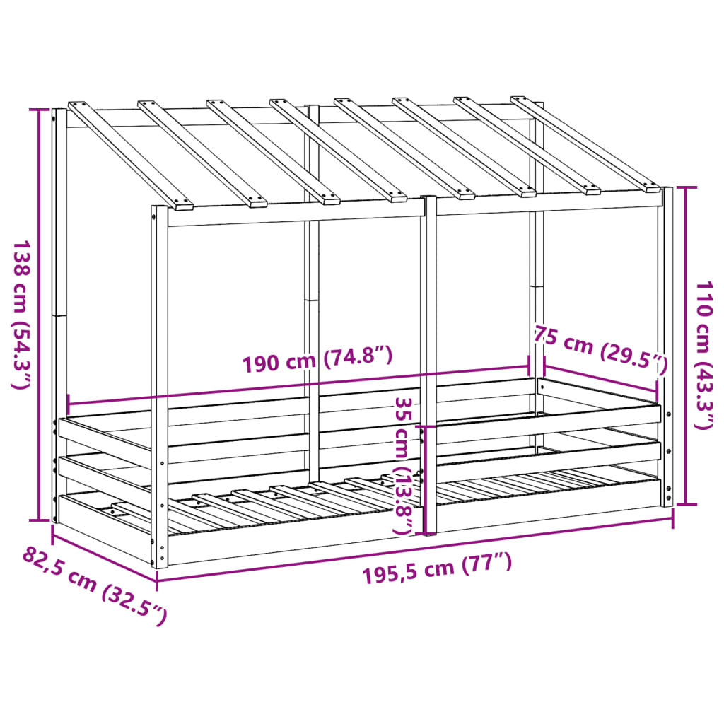 Cama infantil com telhado 75x190 cm madeira de pinho maciça