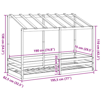 Cama infantil com telhado 75x190 cm madeira de pinho maciça