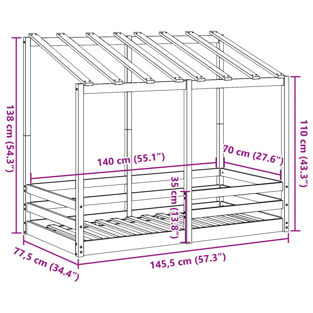 Cama infantil com telhado 70x140 cm madeira de pinho maciça