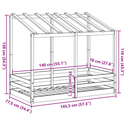 Cama infantil com telhado 70x140 cm madeira de pinho maciça