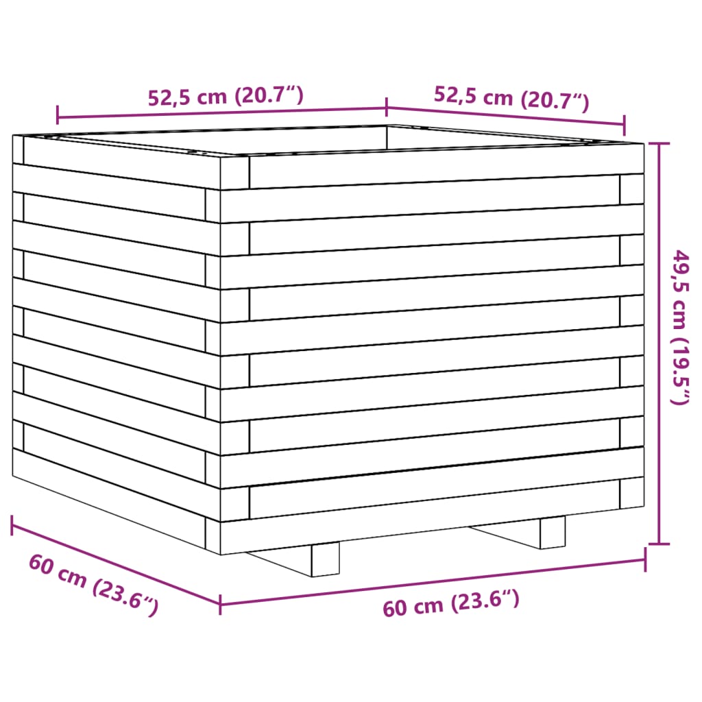 Vaso/floreira de jardim 60x60x49,5 cm madeira de pinho maciça