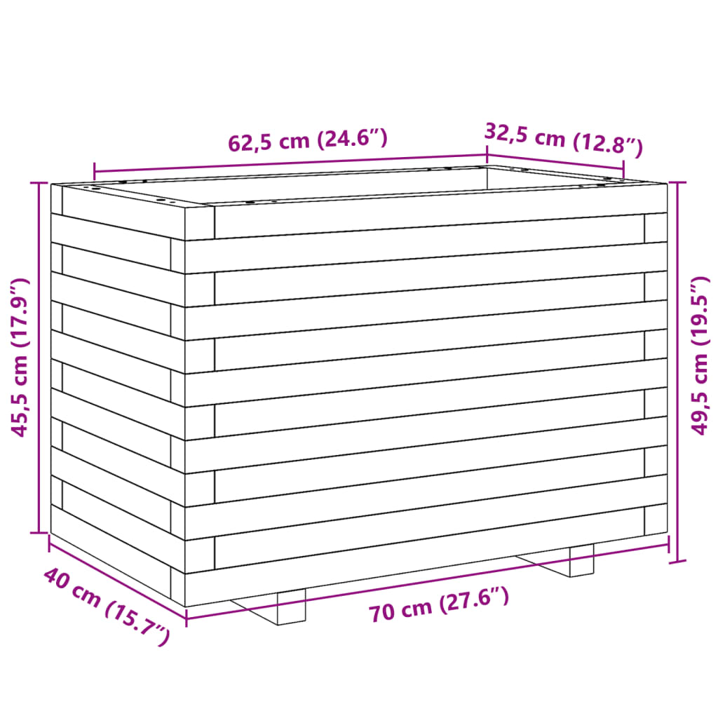 Vaso/floreira de jardim 70x40x49,5 cm madeira de pinho maciça