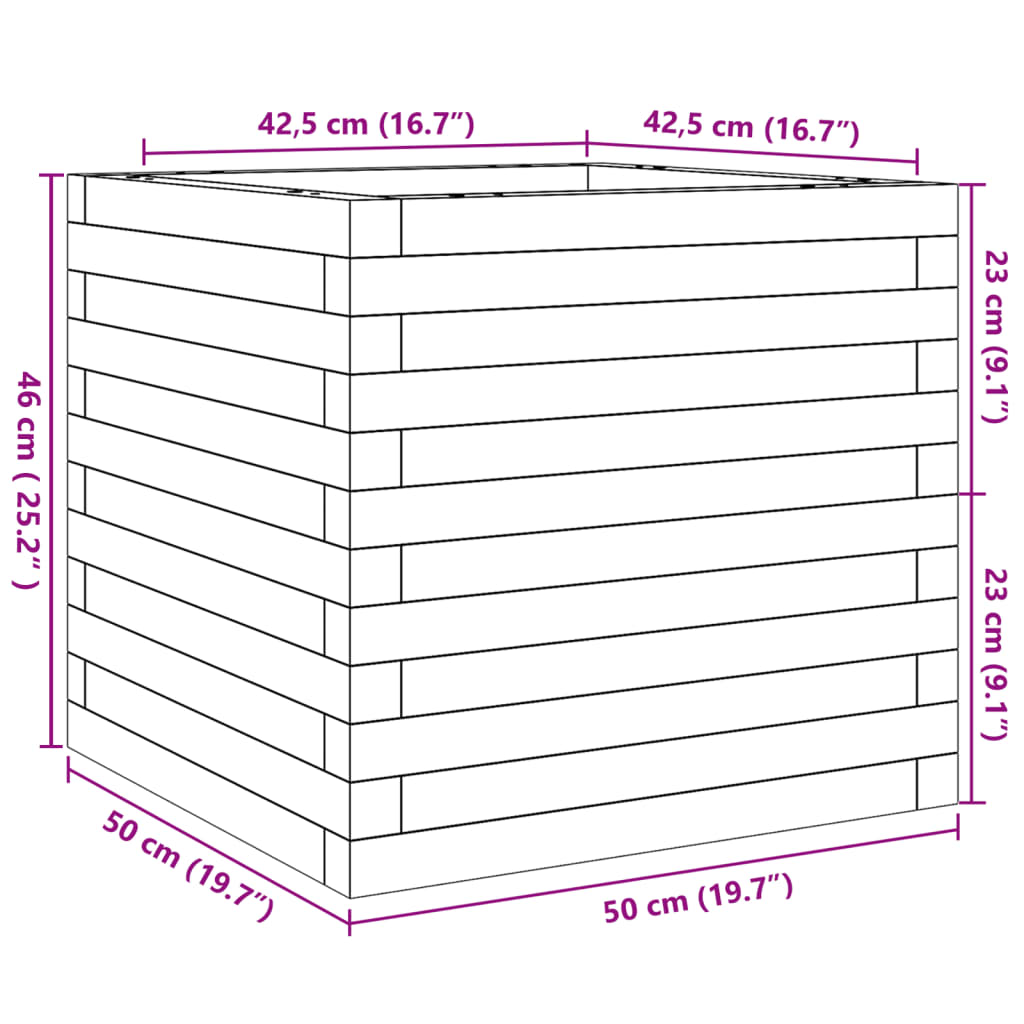 Vaso/floreira de jardim 50x50x46 cm madeira de pinho maciça