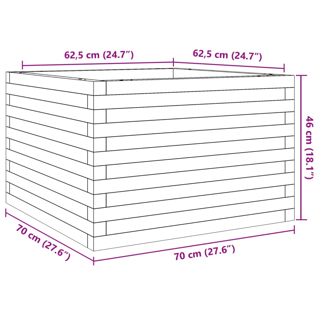 Vaso/floreira de jardim 70x70x46 cm madeira de pinho maciça