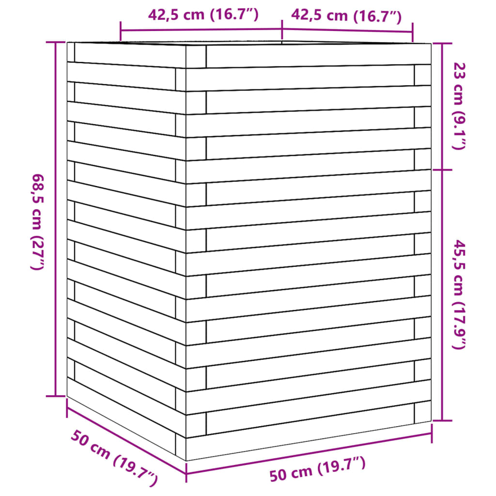 Vaso/floreira de jardim 50x50x68,5cm pinho maciço castanho mel