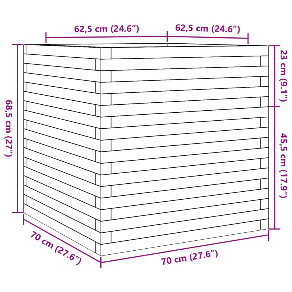 Vaso/floreira de jardim 70x70x68,5 madeira de pinho impregnada