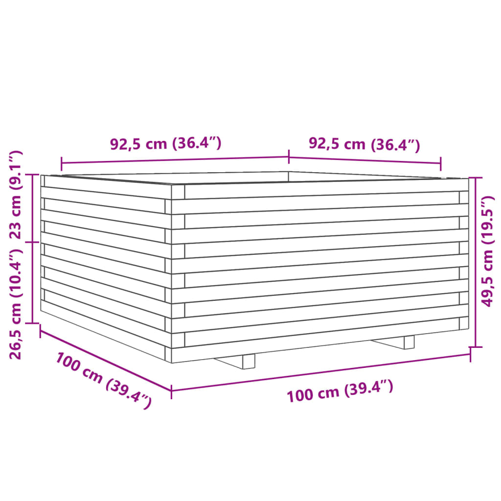 Vaso/floreira jardim 100x100x49,5 cm pinho maciço castanho mel