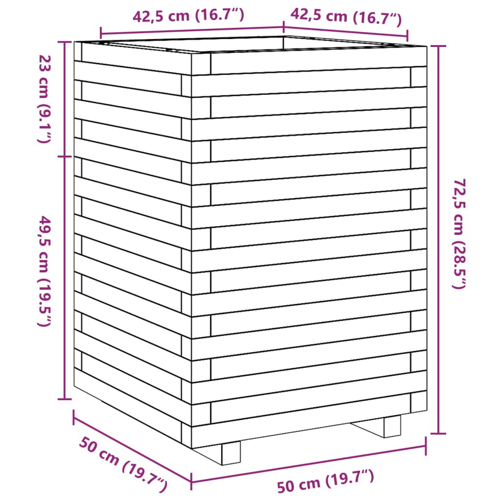 Vaso/floreira de jardim 50x50x72,5 cm madeira pinho impregnada