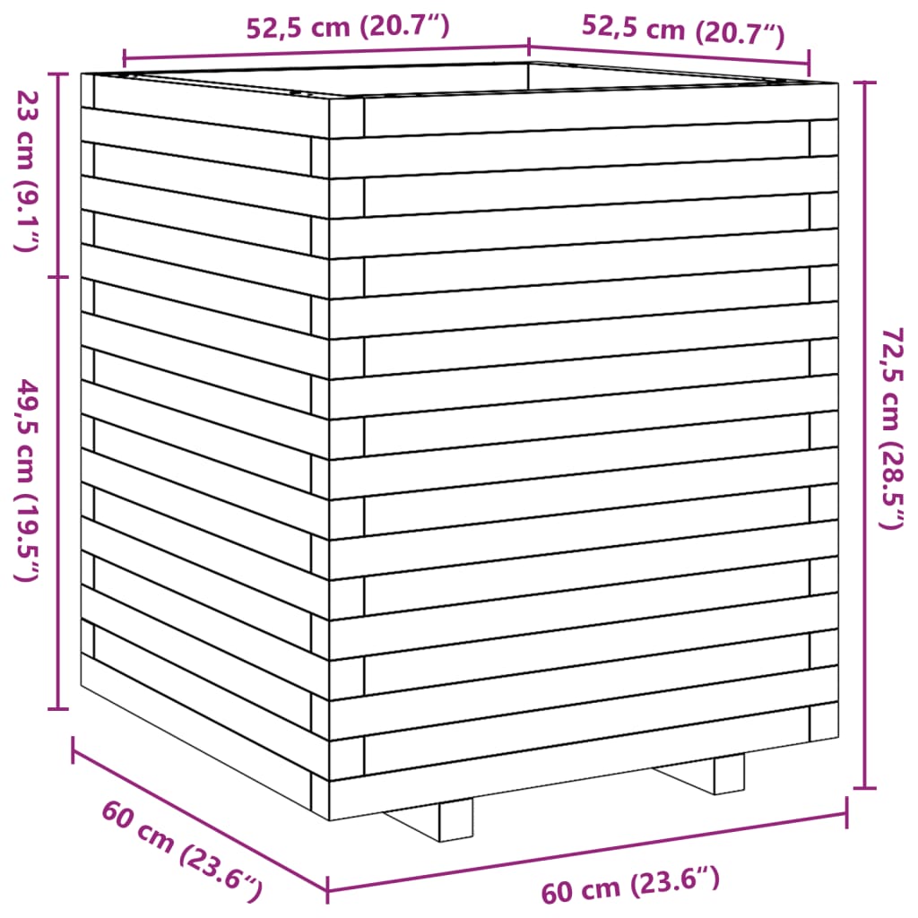 Vaso/floreira de jardim 60x60x72,5 cm madeira de pinho maciça