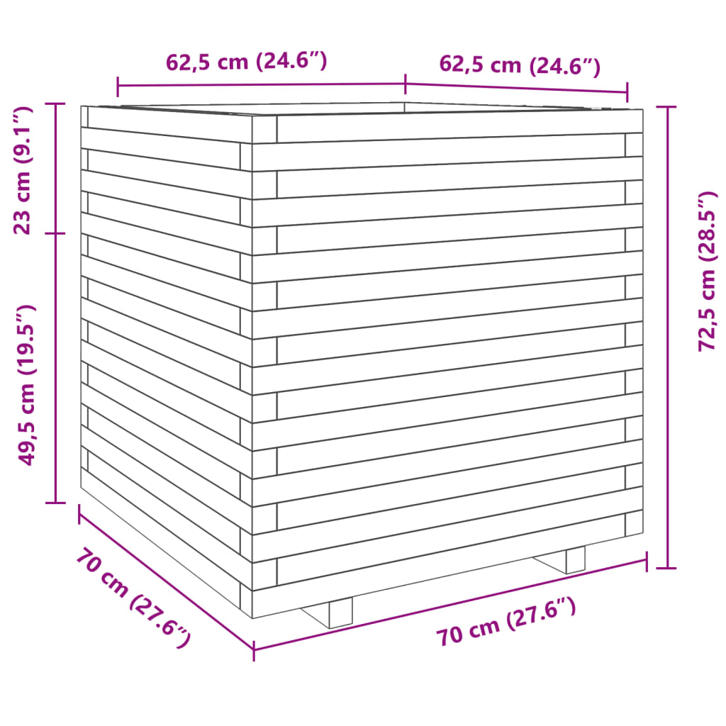 Vaso/floreira de jardim 70x70x72,5 cm madeira de pinho maciça