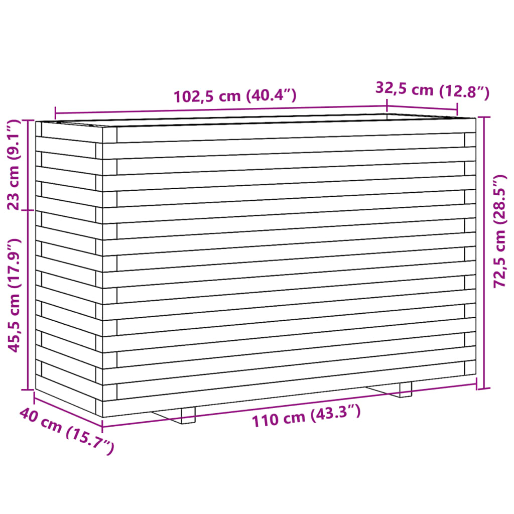 Vaso/floreira de jardim 110x40x72,5 cm madeira de pinho maciça