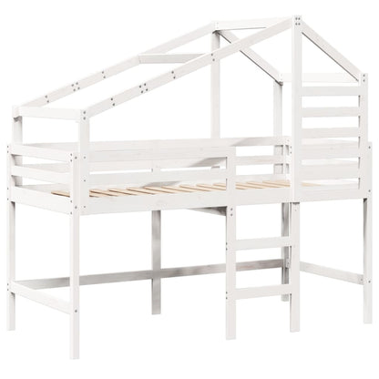 Cama alta c/ escada e telhado 80x200 cm pinho maciço branco