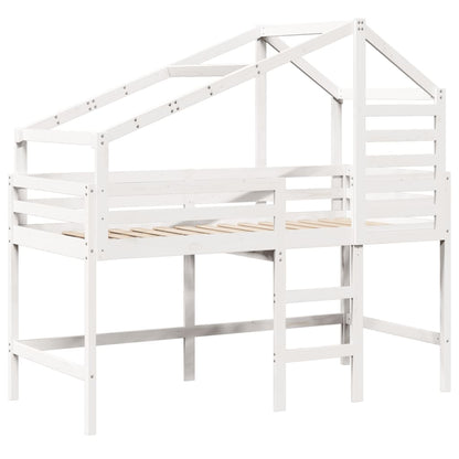 Cama alta c/ escada e telhado 90x200 cm pinho maciço branco