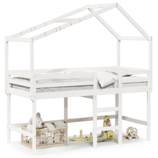 Cama alta c/ escada e telhado 90x200 cm pinho maciço branco