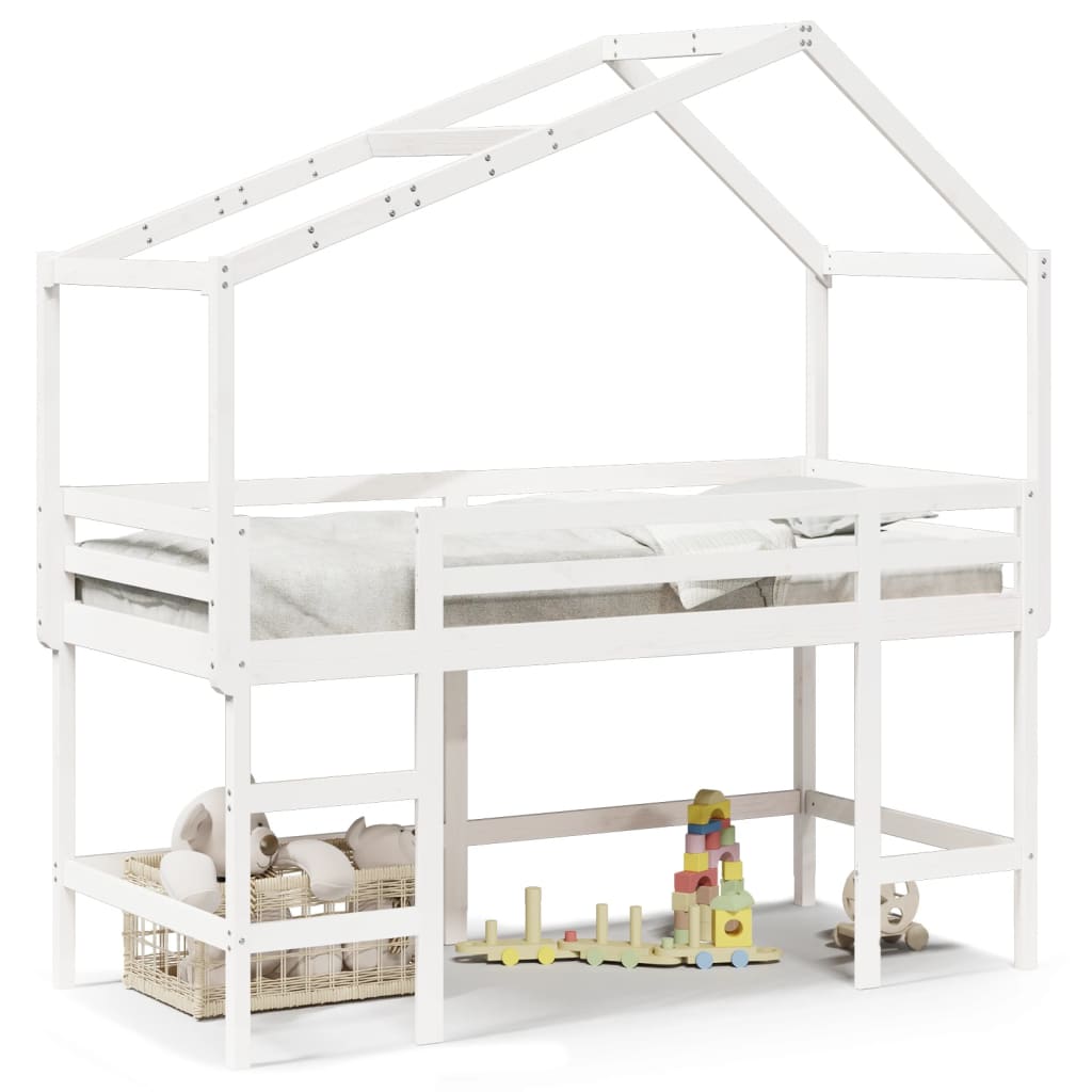 Cama alta c/ escada e telhado 90x190 cm pinho maciço branco